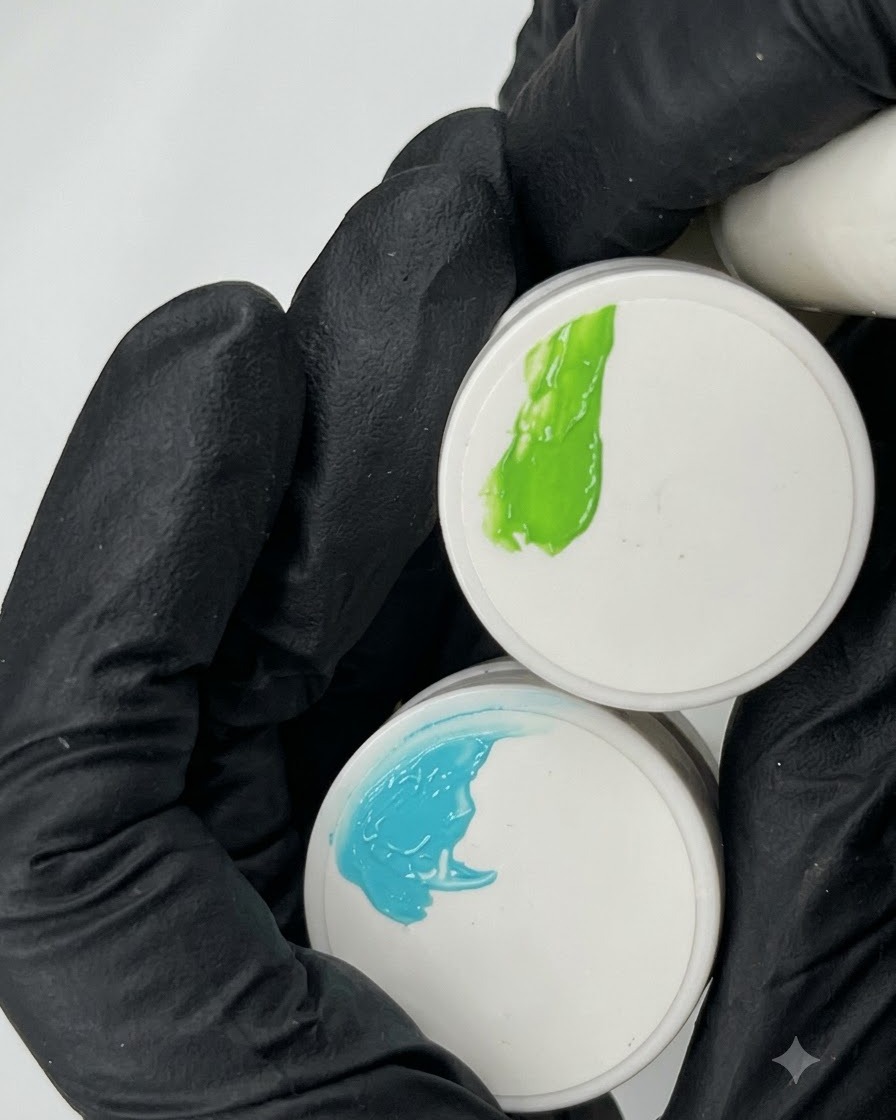 Une main gantée présentant de fraîches touches de gel de couleur Sarcelle et vert vif sur des couvercles de pots blancs.