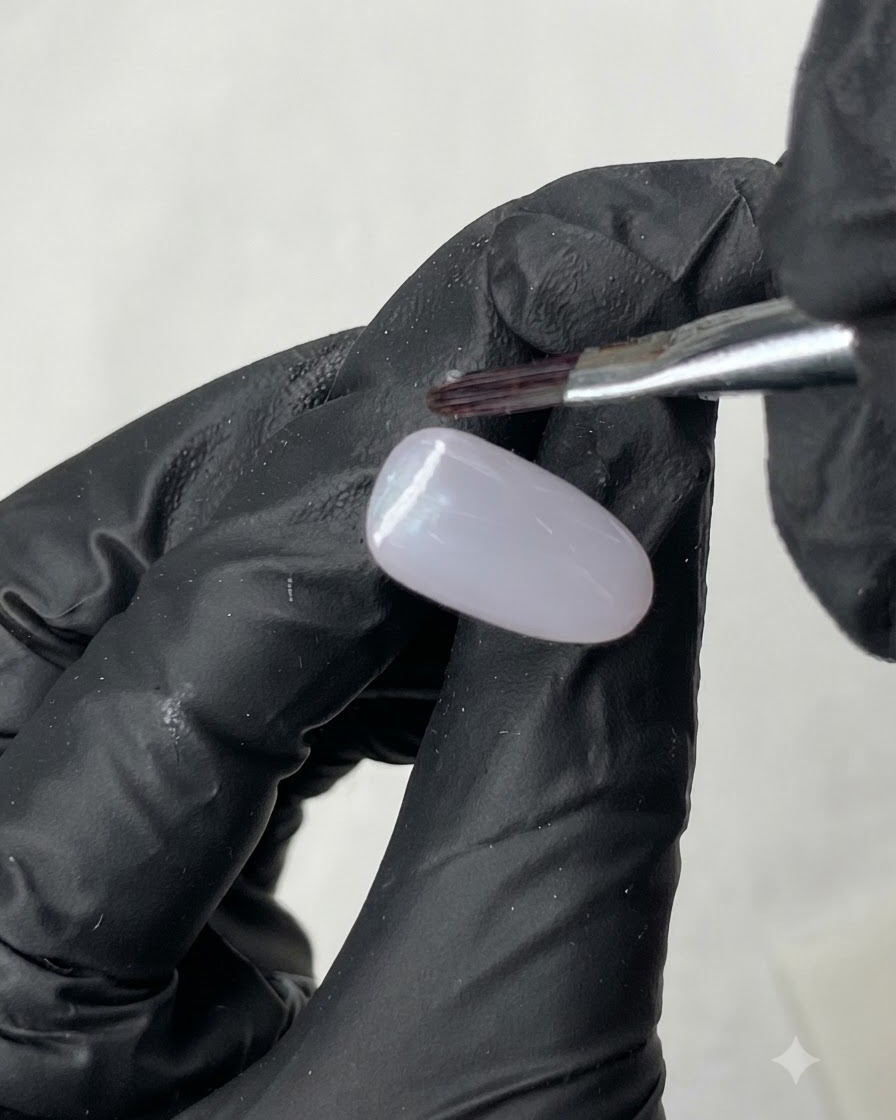 Une baguette magnétique maintenue au-dessus dun ongle dentraînement enduit de gel violet clair pour former une ligne cat eye.