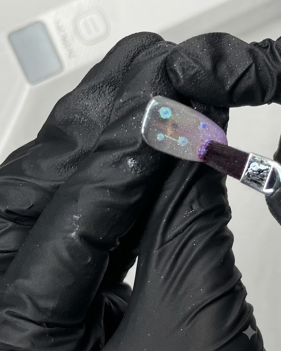 Un pinceau plat appliquant une couche de finition transparente et brillante sur un ongle décoré à la finition aurora.