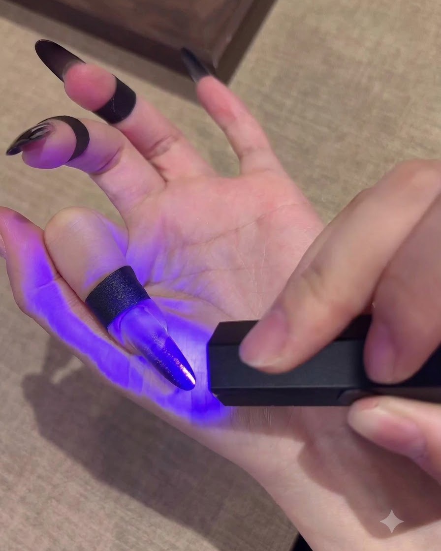 Une mini lampe UV portative catalysant une couche de gel noir dégradé sur une longue extension dongle.