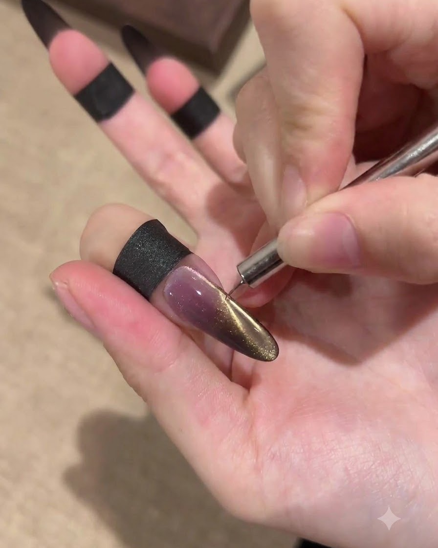 Une main utilisant un fin outil magnétique près du bord dun long ongle stiletto pour faire ressortir un effet œil de chat doré sur une base foncée.