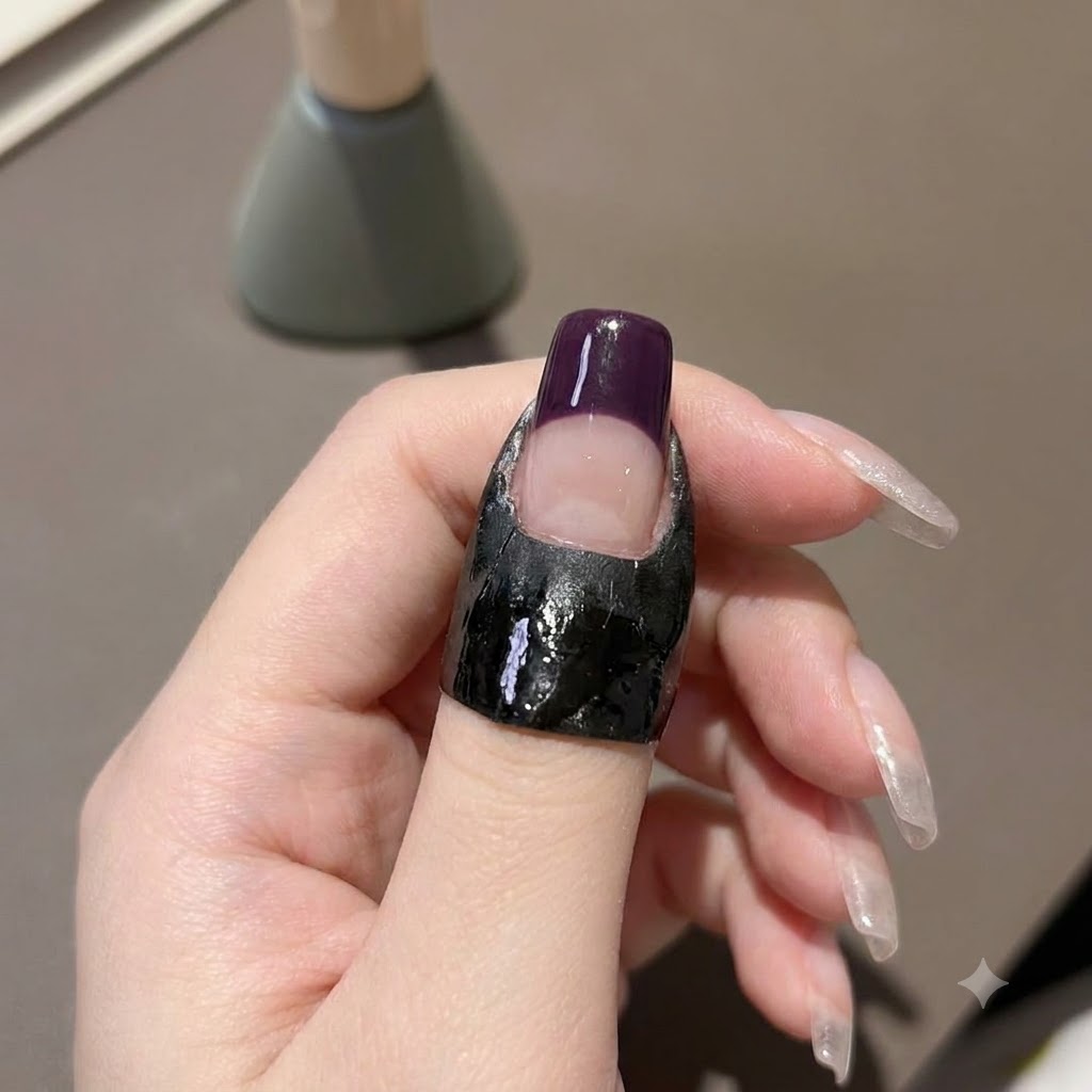 Une main tenant une mini lampe UV au-dessus dun ongle avec une pointe violette foncée pour catalyser le gel.