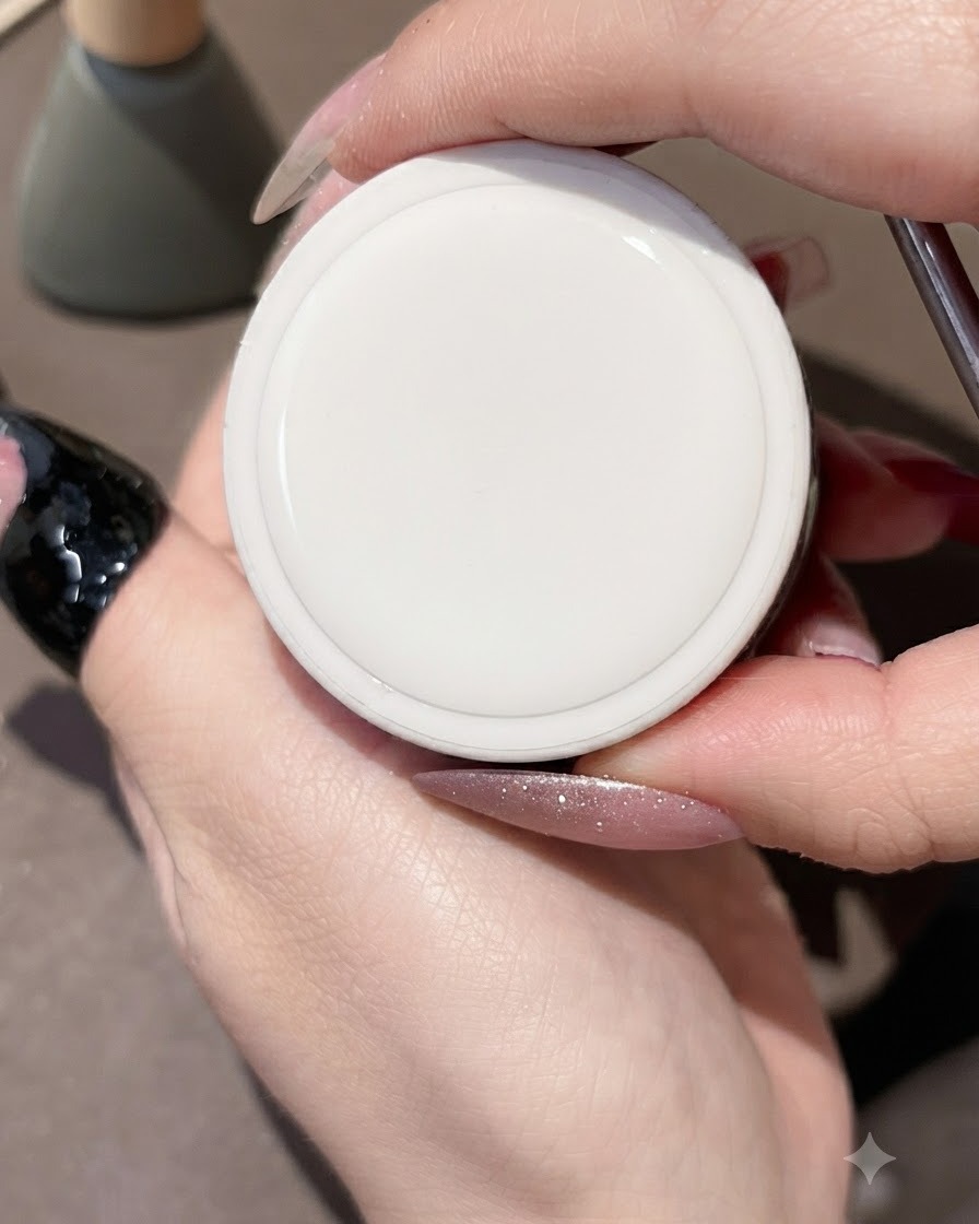 Un petit outil appliquant une noisette de gel de construction transparent et collant au centre de longle.