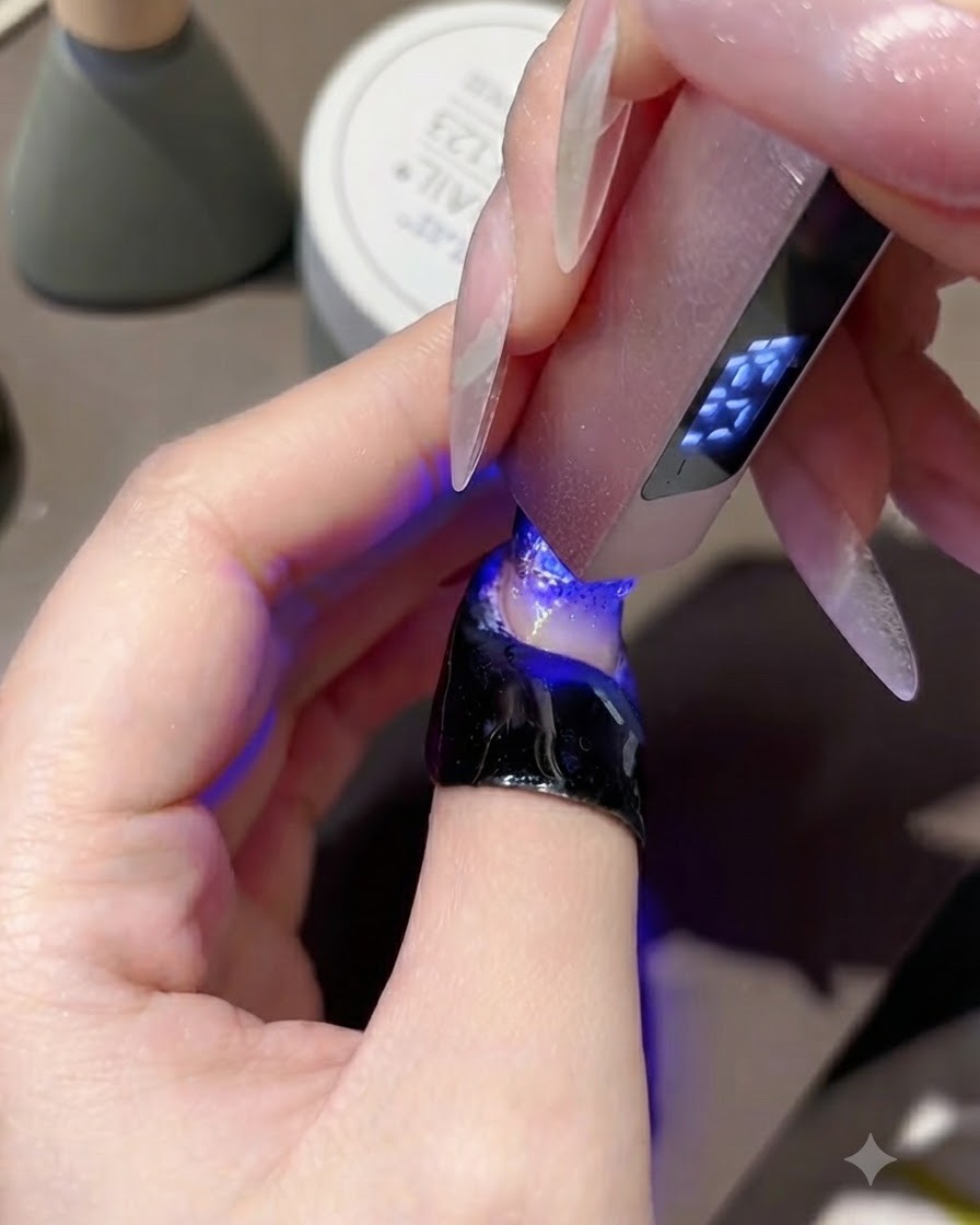 Une mini lampe LED UV rose pour les ongles catalysant le gel de comblement autour des strass sur un ongle fini.