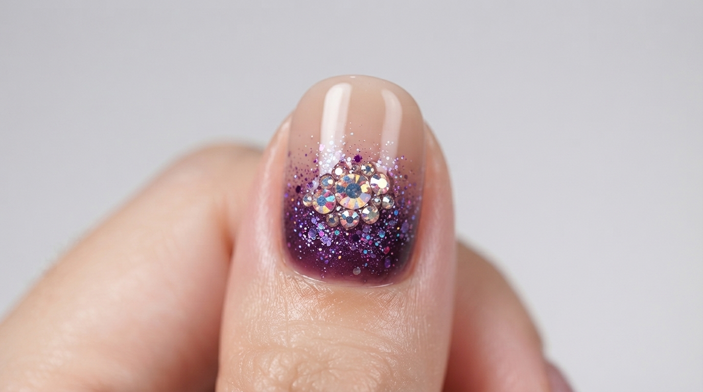 Dégradé Pailleté Violet et Strass Aurora : Tutoriel Ongles Gel Hiver