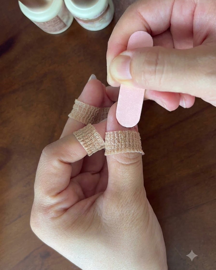 Une main tenant délicatement une lime à ongles rose sur la surface dun ongle naturel.