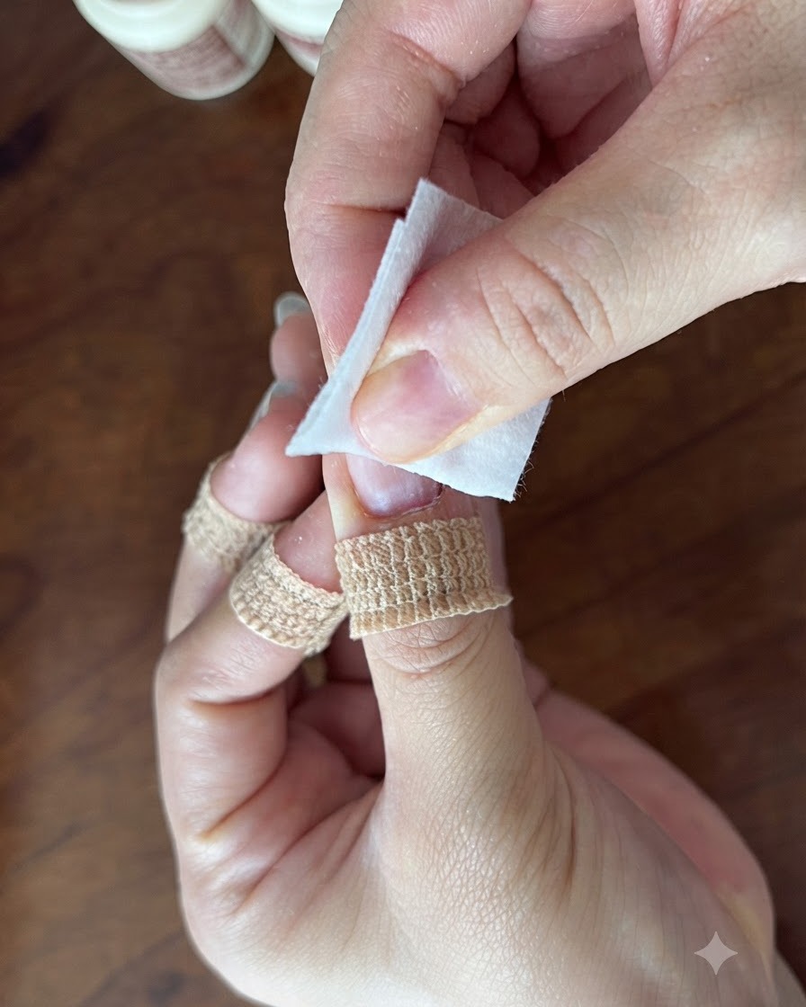 Un coton imbibé dalcool nettoyant la surface dun ongle préparé.