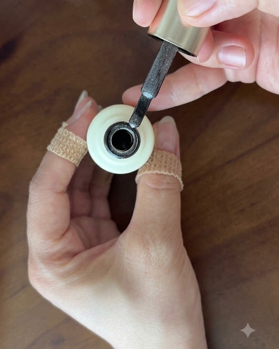 Un pinceau contenant une petite quantité de gel œil de chat gris argenté scintillant au-dessus dun flacon ouvert.