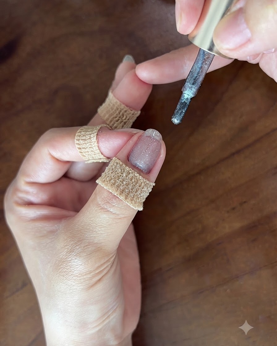 Un outil magnétique positionné près dun ongle en gel humide et scintillant pour créer un motif œil de chat chatoyant.