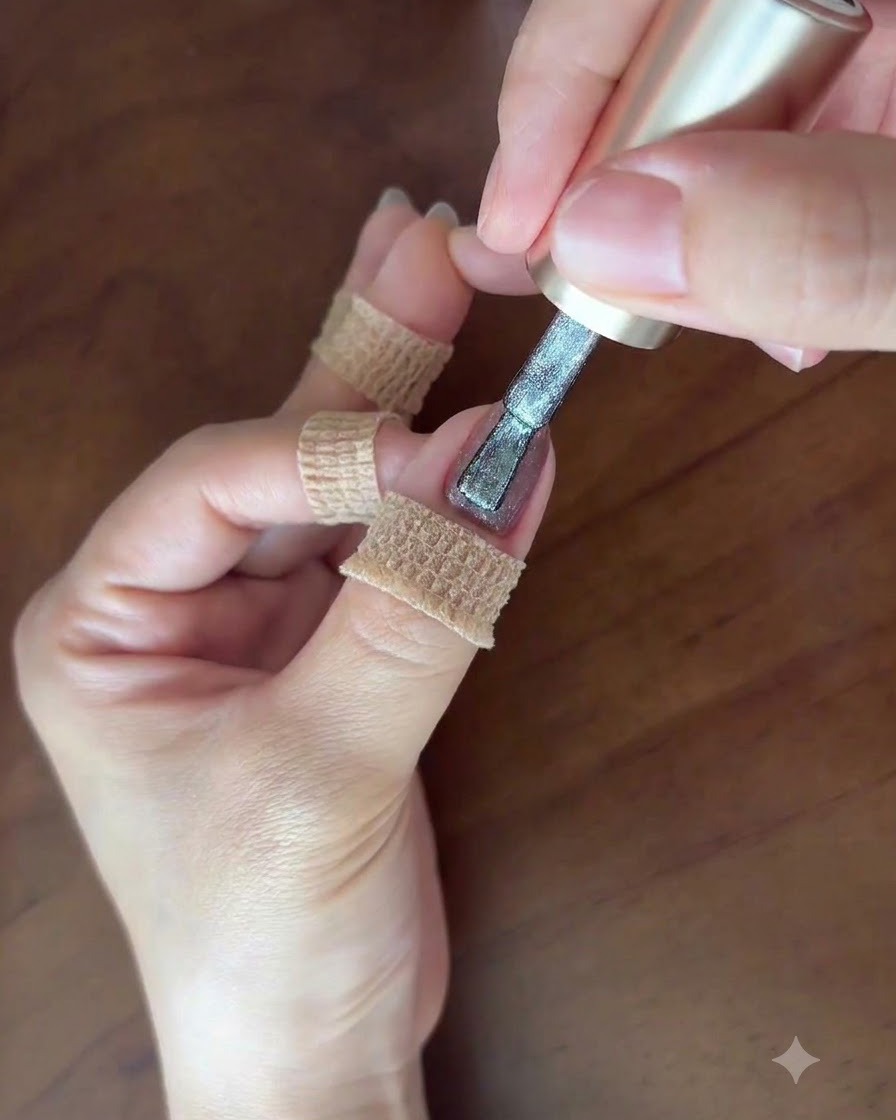 Un pinceau appliquant délicatement une seconde couche fine de gel œil de chat gris argenté sur longle.