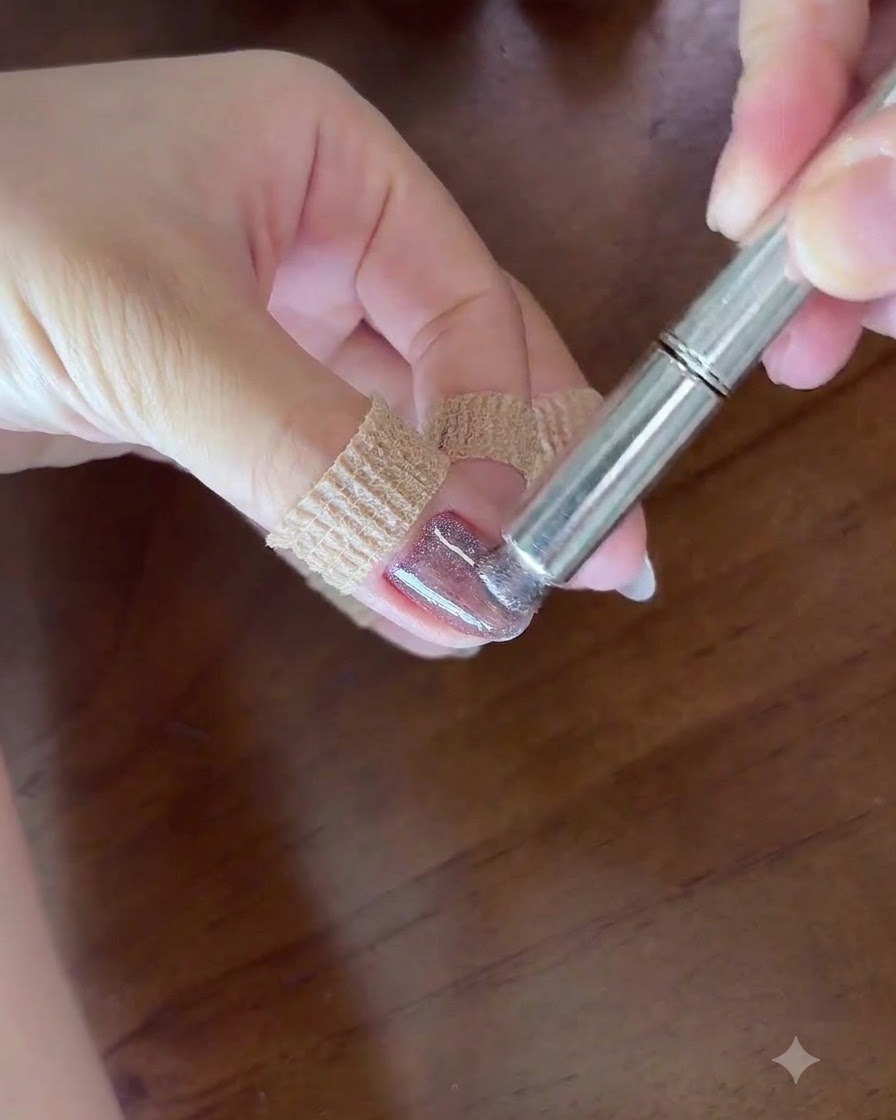 Gros plan dune main tenant un outil magnétique cylindrique directement au-dessus dun ongle peint avec du gel œil de chat violet humide pour créer un flash de lumière.