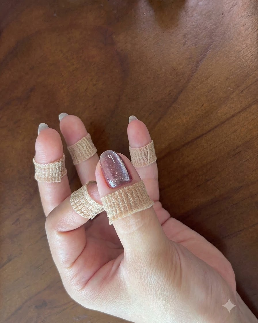 Gros plan dune main au repos mettant en valeur un ongle en gel œil de chat violet brillant et terminé.