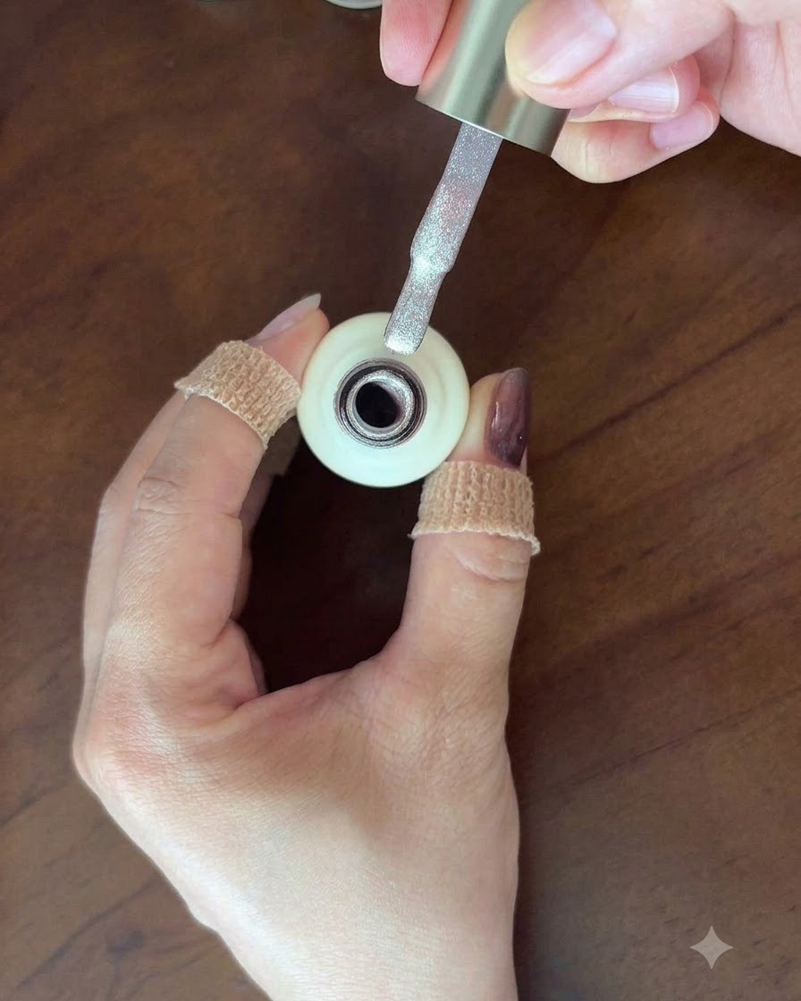 Un pinceau à vernis à ongles contenant du gel œil de chat rose coquillage au-dessus dun ongle.