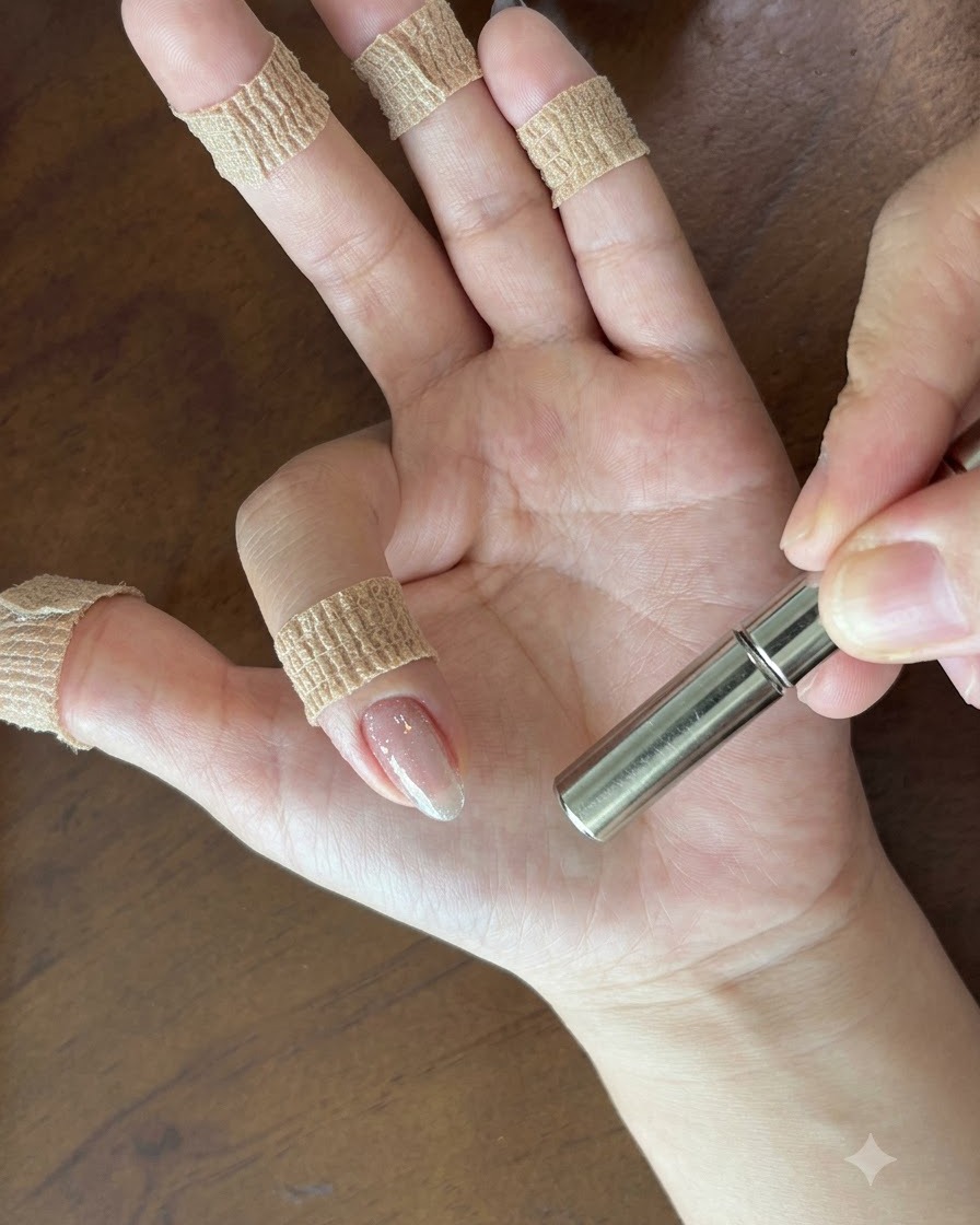Un aimant cylindrique survolant un ongle avec du vernis rose clair humide pour créer un effet de boule de verre.