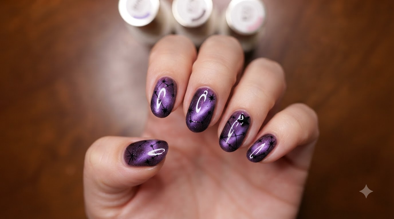 Art Ongulaire Yeux de Chat Étoilé et Lunaire Violet — Tutoriel Pas à Pas