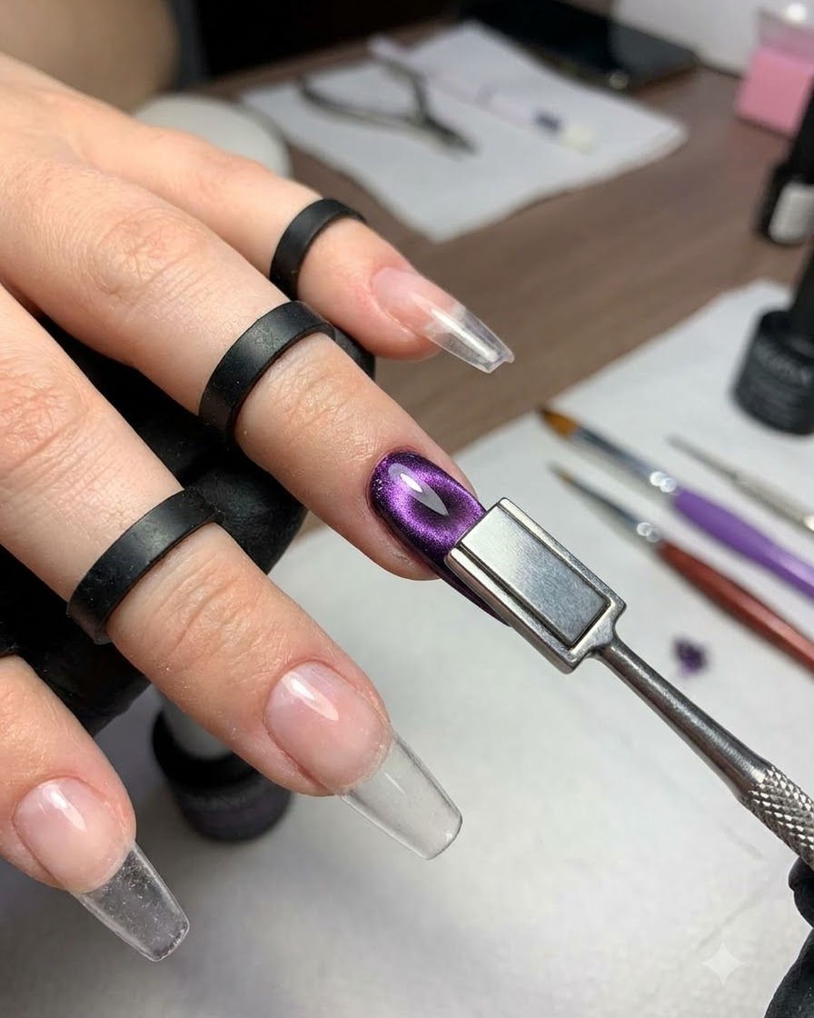 Un outil métallique muni dun aimant tenu de près au-dessus dun ongle en gel œil-de-chat violet pour créer un reflet scintillant.