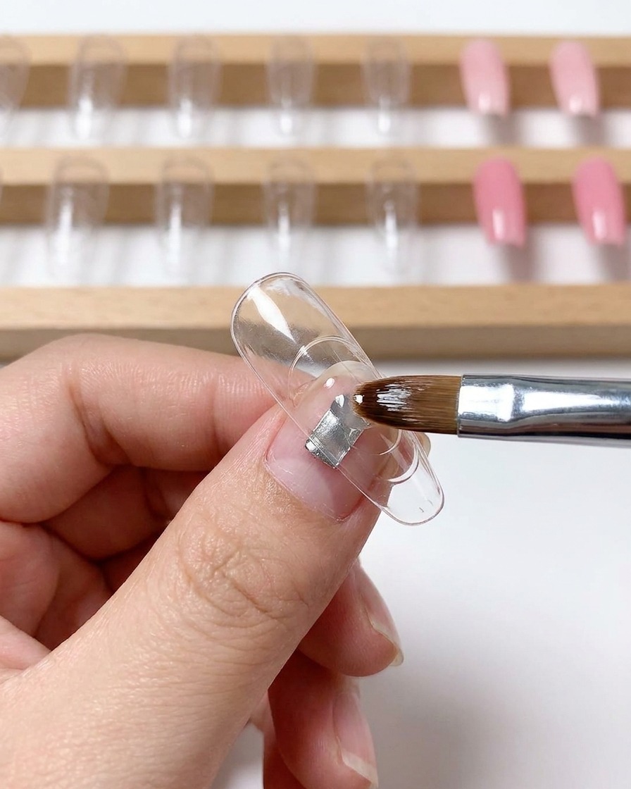 Un pinceau et des doigts pressant un morceau de film plastique transparent sur la surface de gel humide à lintérieur dune capsule dongle.