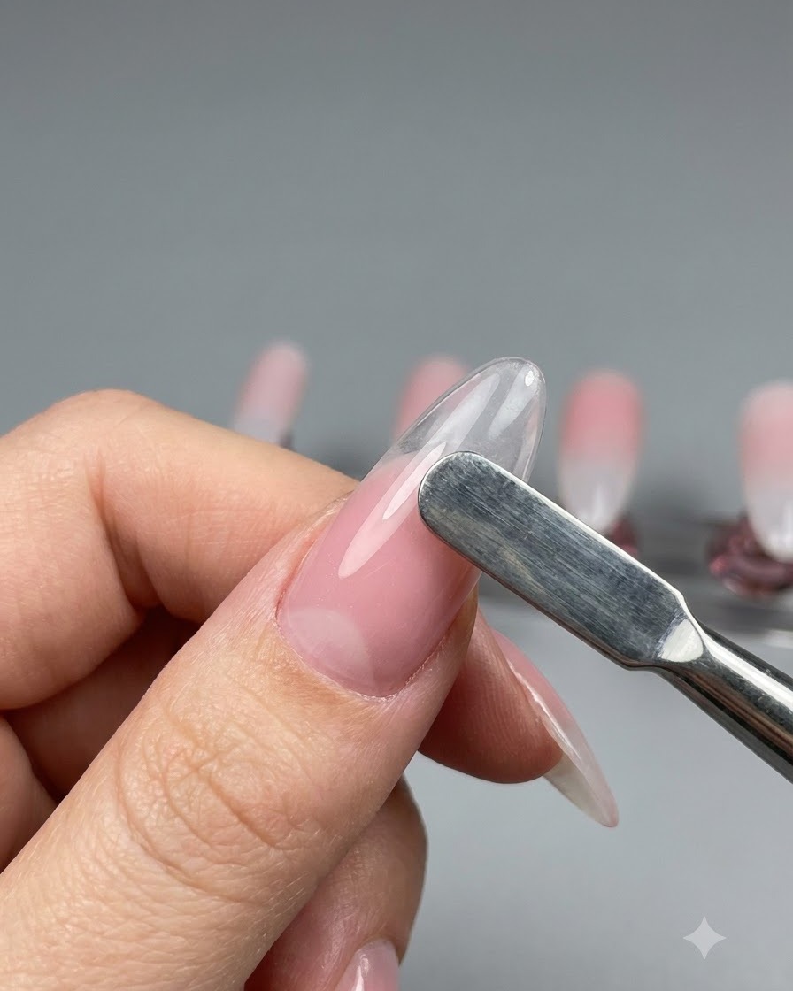 Un outil métallique lissant un dégradé de gel rose nude sur la surface dune capsule dongle en forme damande.