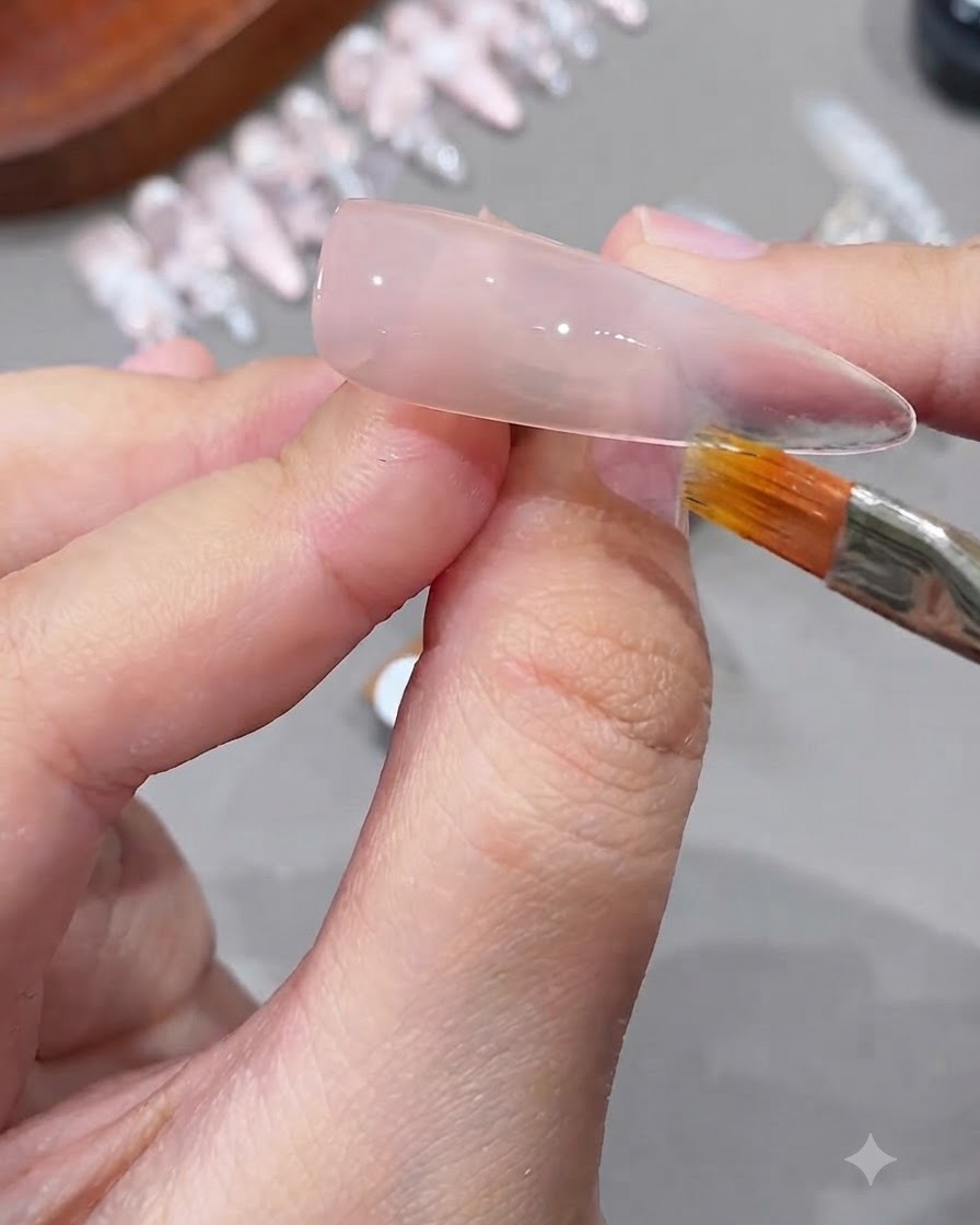 Gros plan dune main utilisant un pinceau pour nail art afin destomper le vernis gel rose vers lavant sur une capsule dongle transparente.