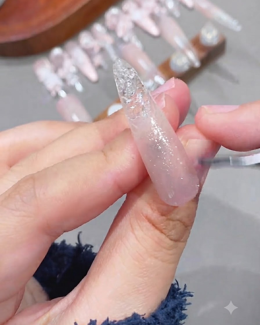 Gros plan dun pinceau appliquant un gel cat-eye scintillant sur une base dongle en dégradé rose.