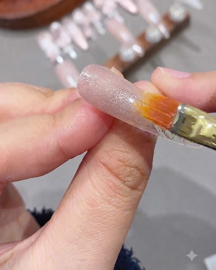 Un petit aimant pour ongles planant de près au-dessus dun ongle peint au gel cat-eye pour concentrer la ligne de lumière scintillante.