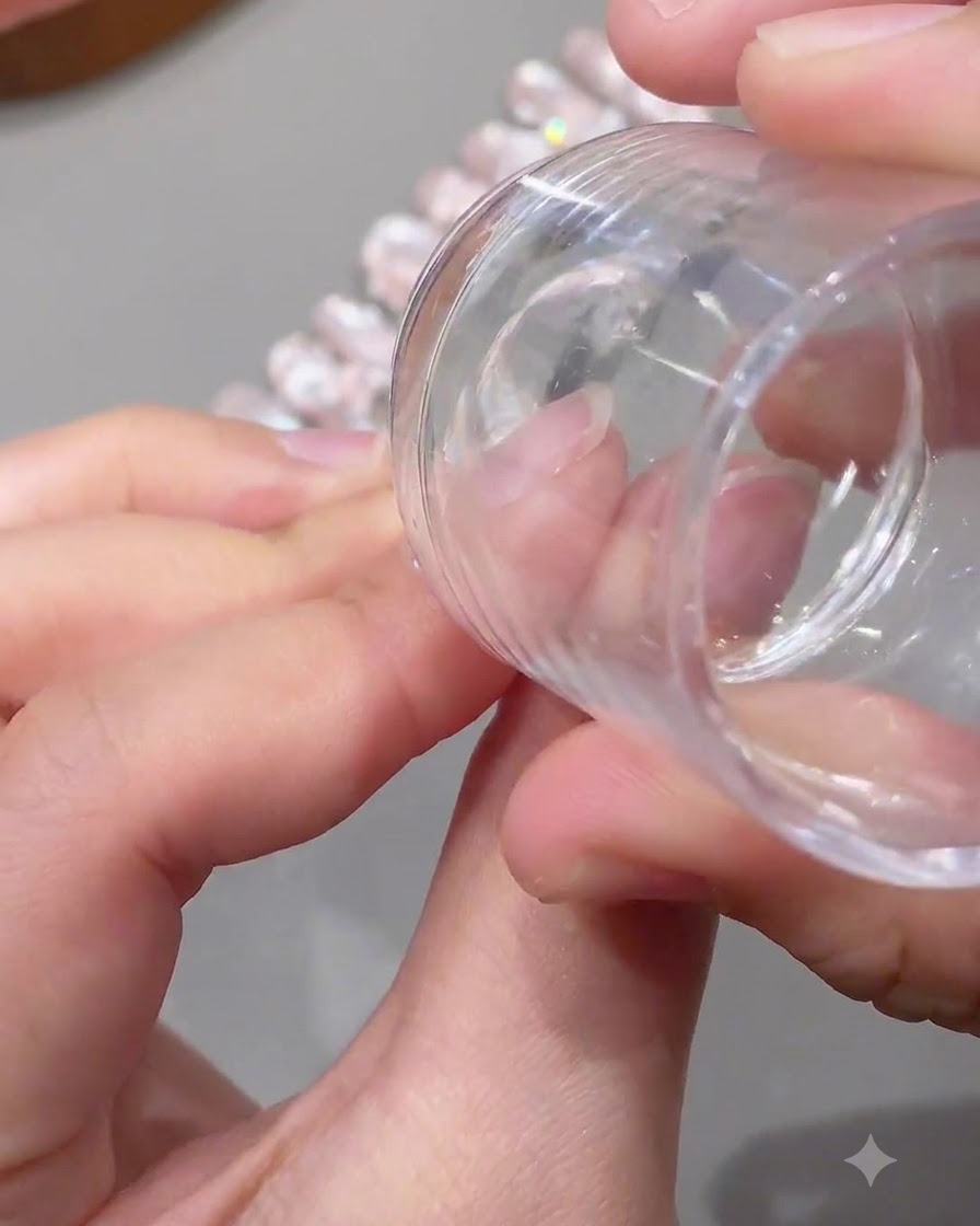 Un tampon en silicone transparent pressant sur une capsule dongle rallongée pour transférer un design de dentelle blanche.
