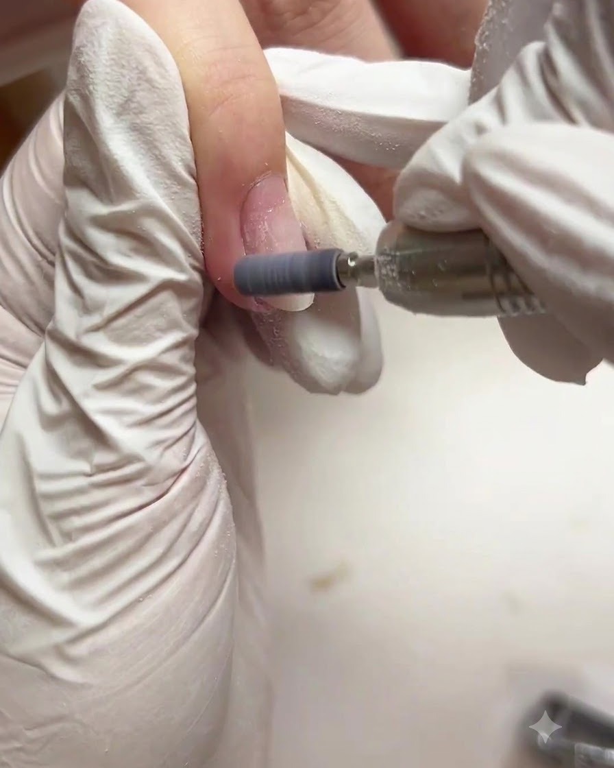 Une ponceuse ongulaire avec un embout manchon ponceur travaillant la surface dun ongle naturel préparé.