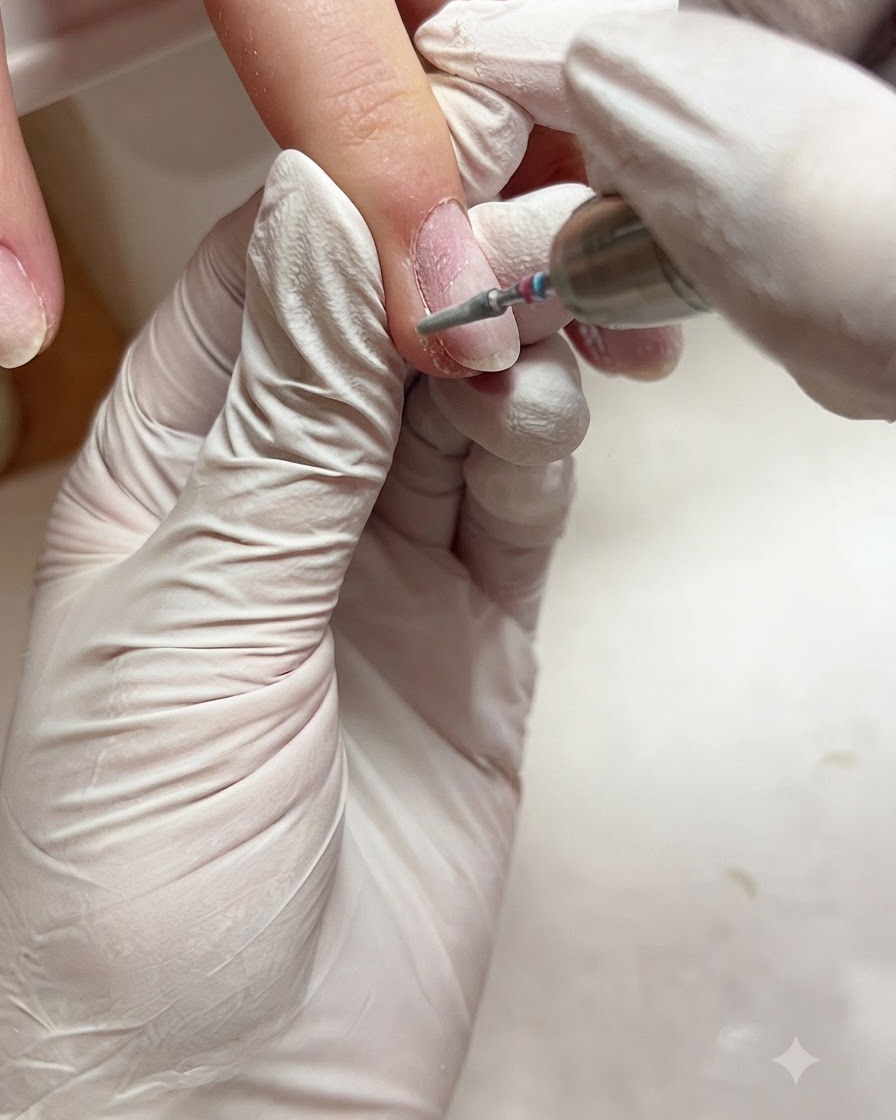 Un embout flamme en céramique fixé sur une ponceuse nettoyant la zone des cuticules dun ongle.