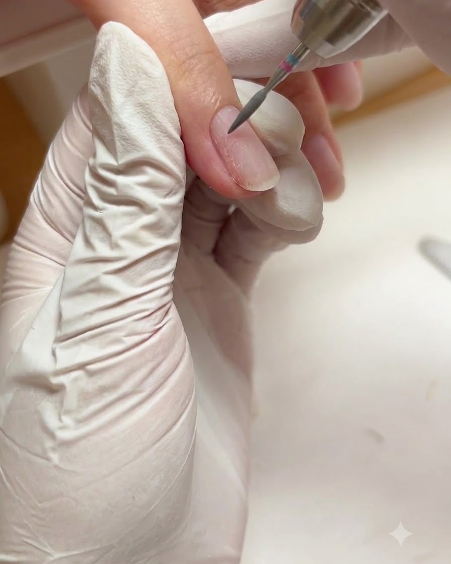 Une ponceuse avec un embout R effectuant un traitement humide le long de la paroi latérale droite dun ongle.