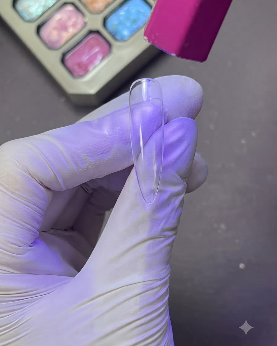 Une capsule dongle transparente en cours de catalysation sous une lampe UV/LED aux teintes violettes tenue par une main gantée.