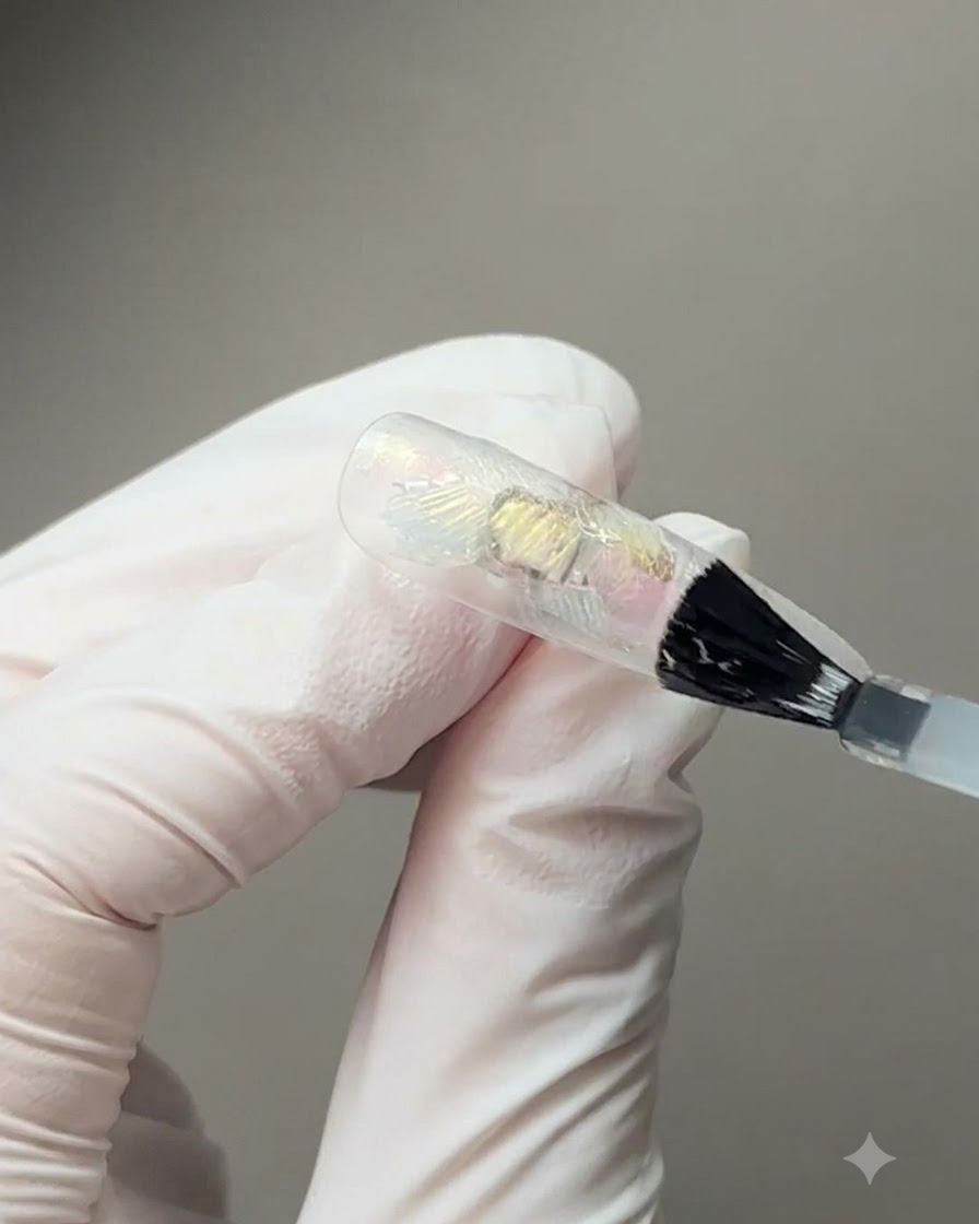 Un pinceau appliquant du gel de base sur une capsule transparente incrustée de plusieurs fragments de coquillage irisés.
