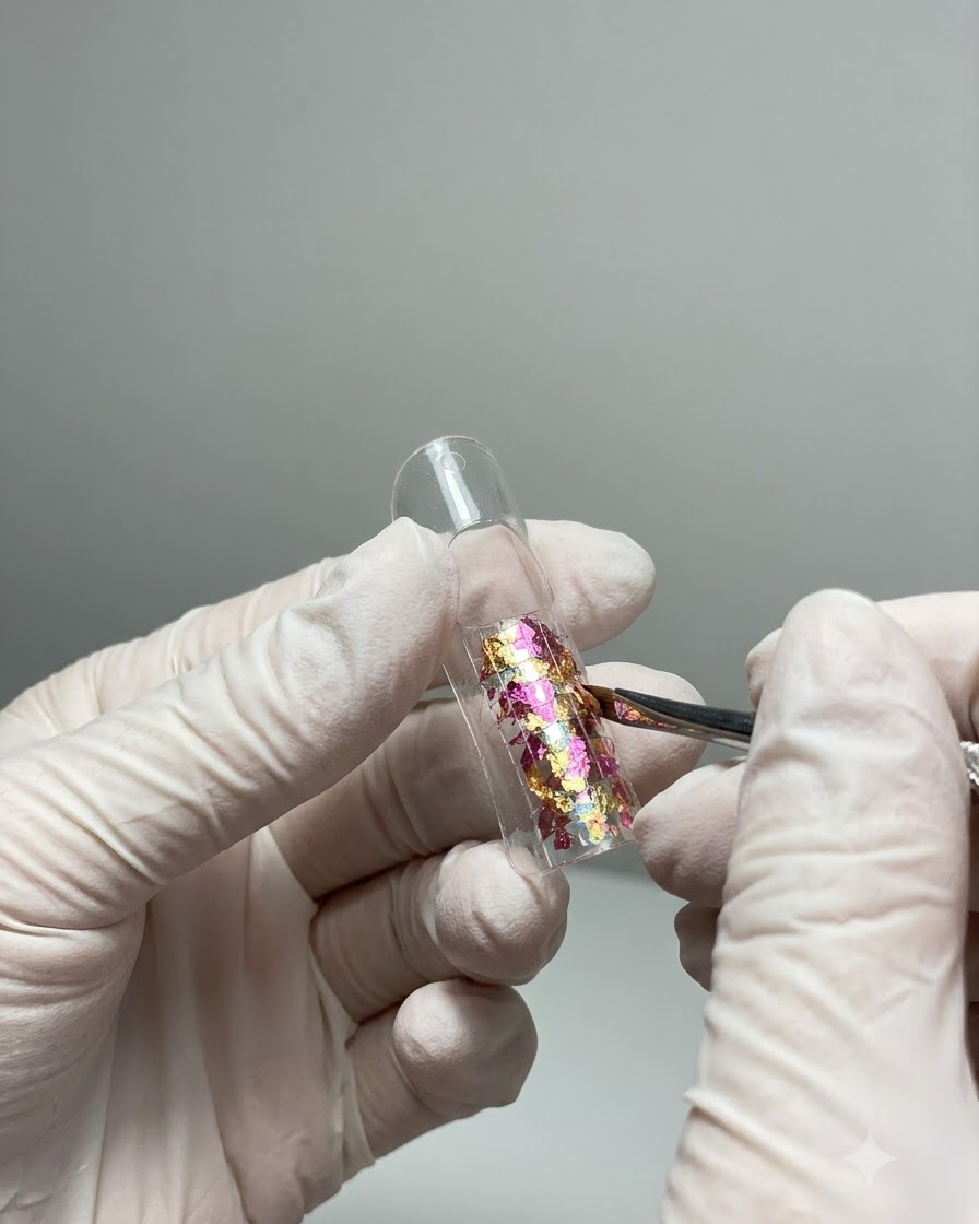 Un pinceau fin appliquant du gel de couleur entre les flocons de coquillage incrustés sur une capsule transparente.