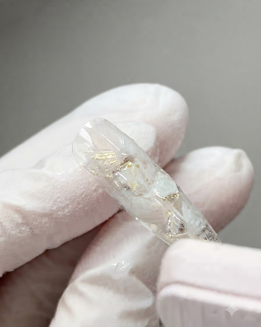 Vue rapprochée dune capsule dongle transparente complétée, incrustée de morceaux de coquillage et de feuille dor après catalysation.