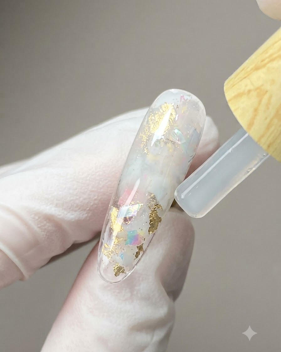 Un pinceau appliquant un top coat transparent sur un design dongle texturé rempli de flocons de coquillage et deffets blanc laiteux.