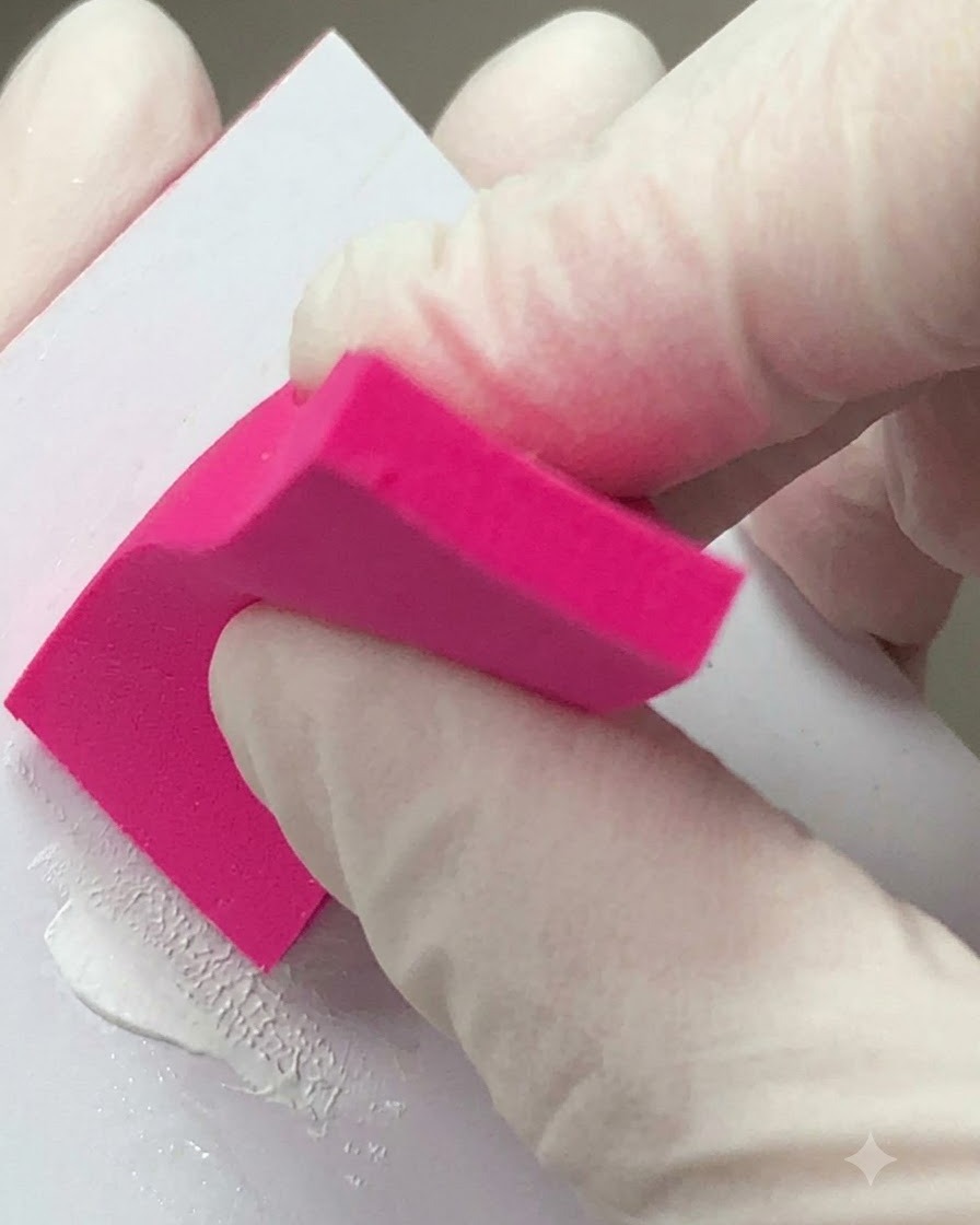 Une main gantée utilisant un tampon éponge rose vif pour essuyer une surface lors de la préparation des ongles.