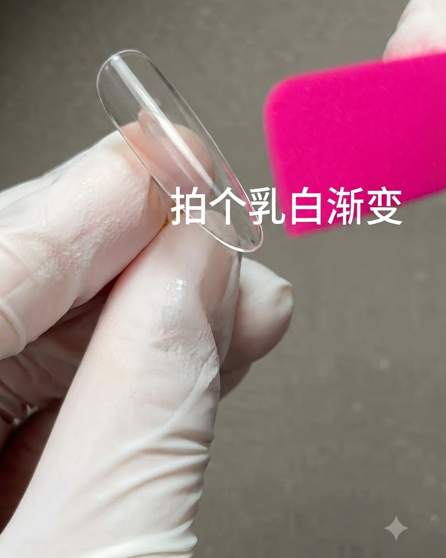 Une capsule de présentation dongles transparente tenue par une main gantée à côté dune éponge rose avec du texte chinois superposé sur le cadre.