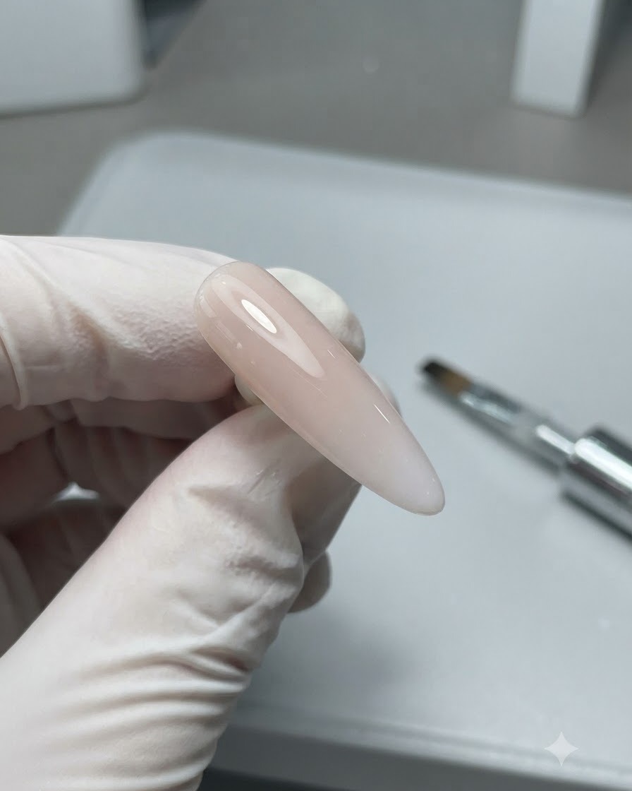 Gros plan sur une capsule dongle en amande aux tons neutres brillants et finis, tenue contre un fond de table propre.