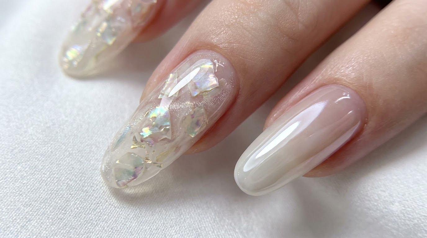 Gros plan sur un nail art fini effet acétate et coquillage associé à une finition dégradée chrome blanc laiteux.