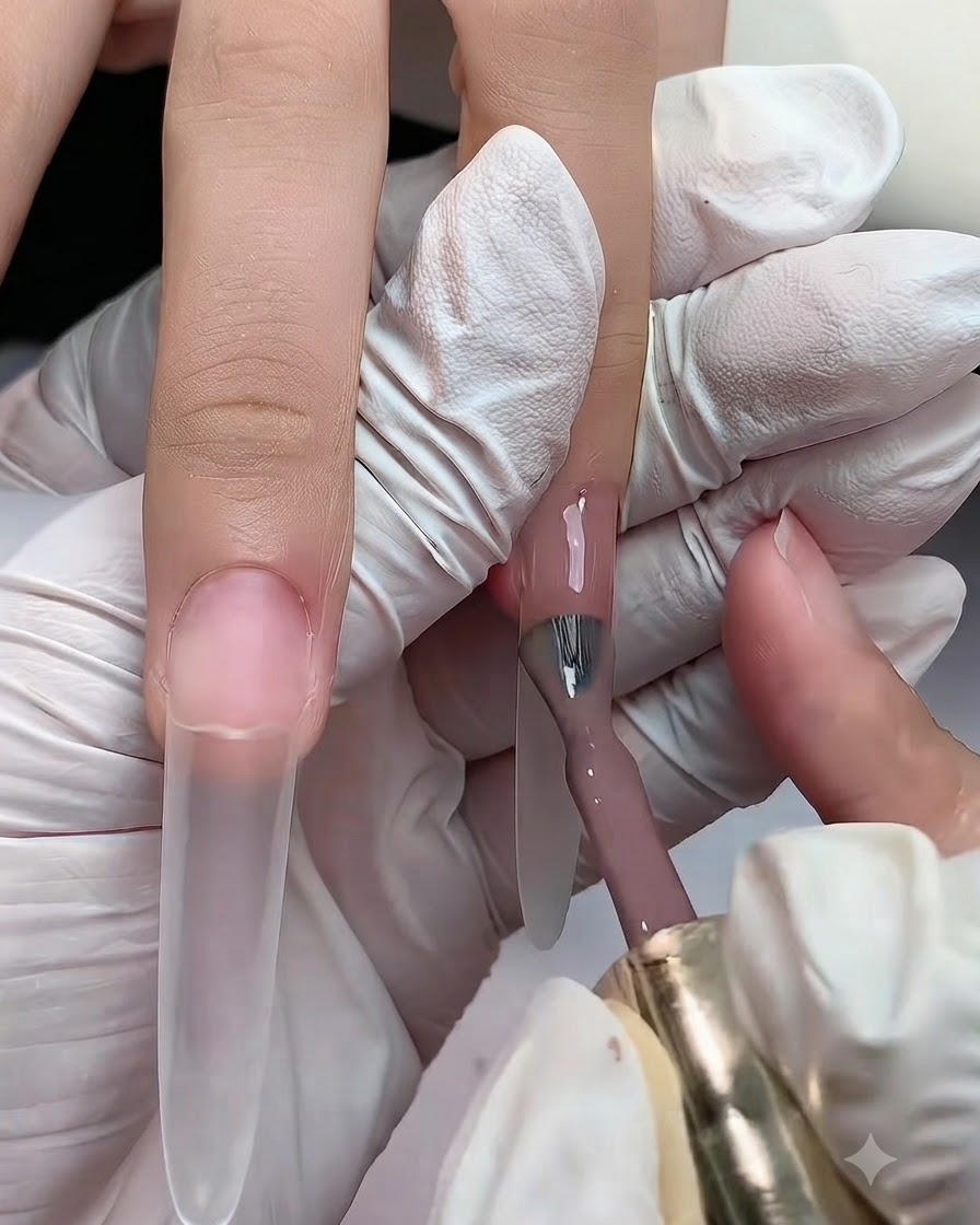 Un pinceau de vernis appliquant un gel nude clair sur la partie supérieure dun ongle long en extension, près des cuticules.