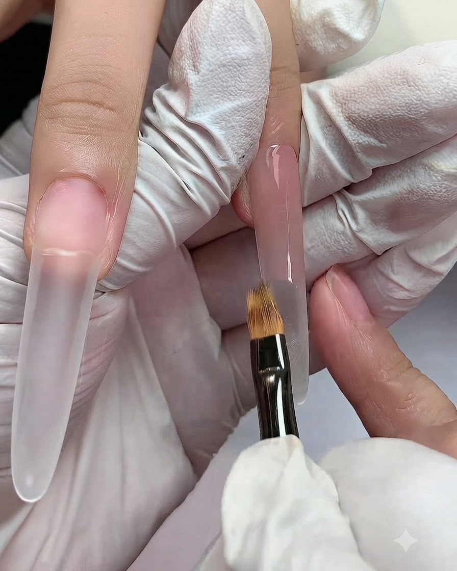Un pinceau plat pour dégradé estompant le bord inférieur du gel nude humide sur un ongle long en extension.