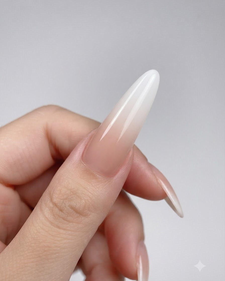 Gros plan tenant un ongle long en extension mettant en valeur une finition dégradée nude et blanche catalysée et lisse.