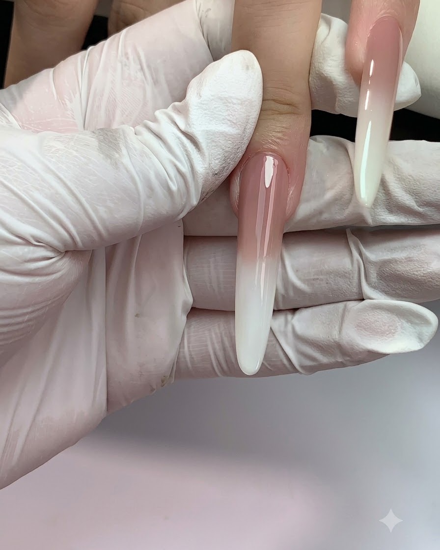 Gros plan dun ongle long recevant une seconde application de gel nude près des cuticules.