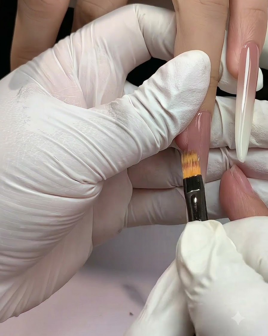Un pinceau plat pour dégradé estompant le gel nude vers le bas sur un ongle en extension.