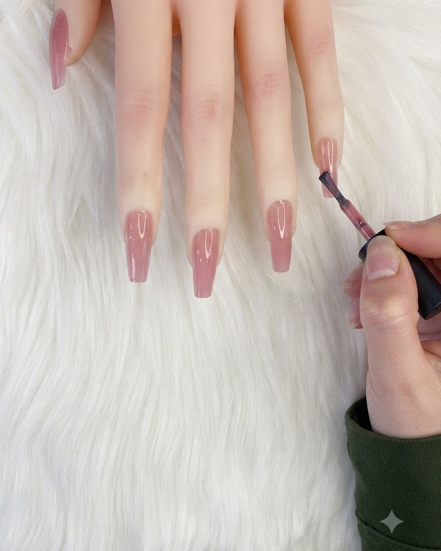 Un pinceau à ongles appliquant une touche de vernis blanc laiteux sur le bout dun ongle nude rosé.