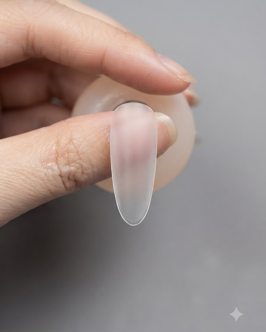 Gros plan dune extension dongle transparente avec une petite goutte de gel de construction transparent au centre.