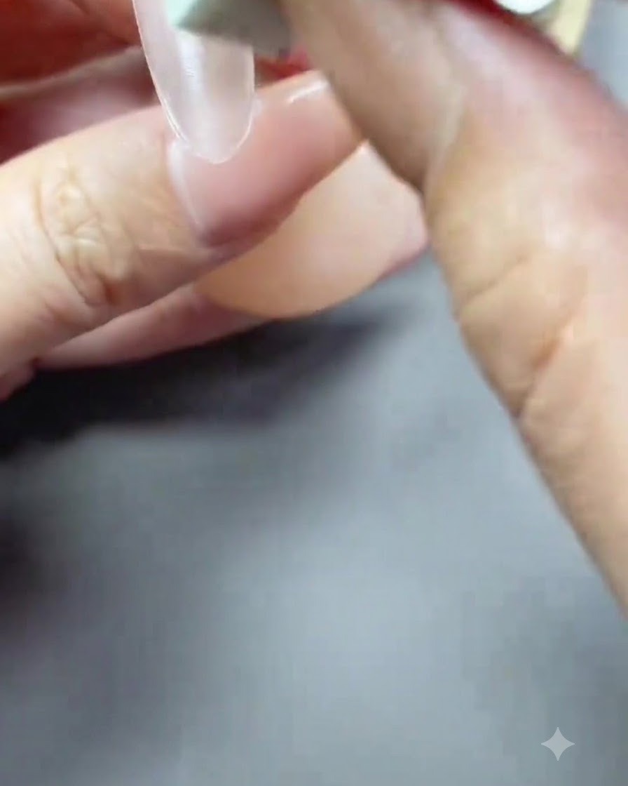 Un pinceau appliquant une couche fine de vernis gel jelly nude rosé sur une extension dongle.