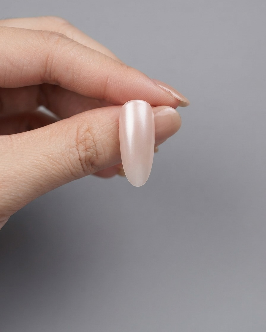 Une extension dongle recouverte de vernis gel cat-eye magnétique humide affichant un éclat nacré.