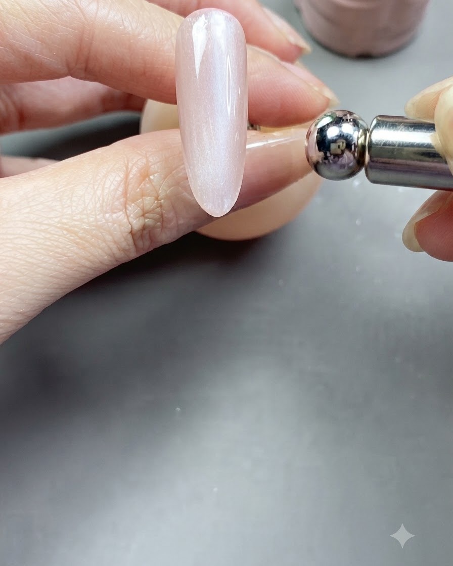 Un outil aimanté à bille métallique tenu près dun ongle enduit de gel cat-eye pour façonner le reflet magnétique.