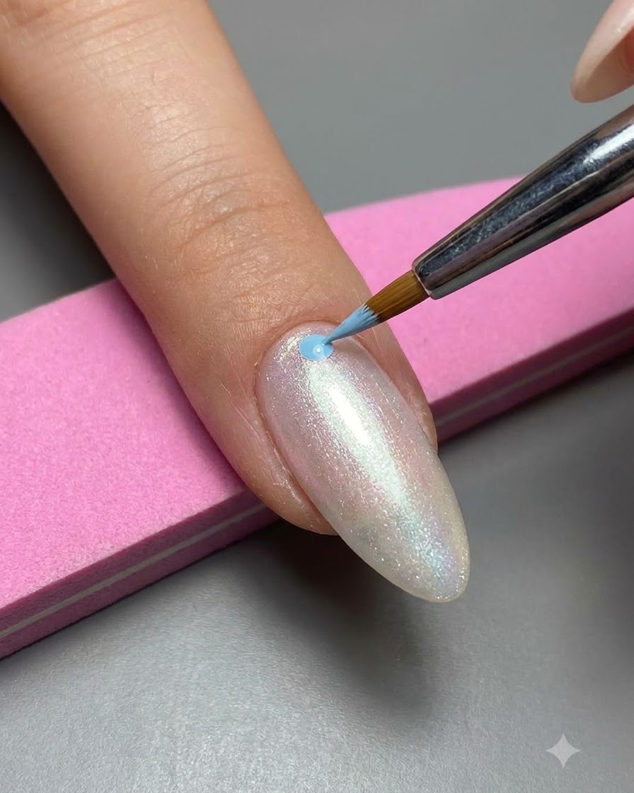Un pinceau liner fin appliquant un point ou un trait de vernis gel bleu clair sur la surface dun ongle.