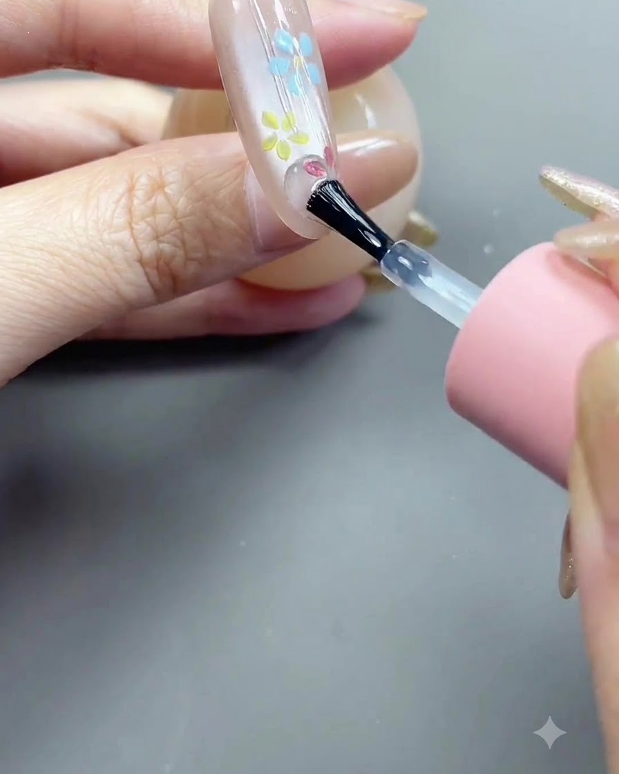 Un pinceau appliquant un top coat transparent et brillant sur la surface de longle décoré.